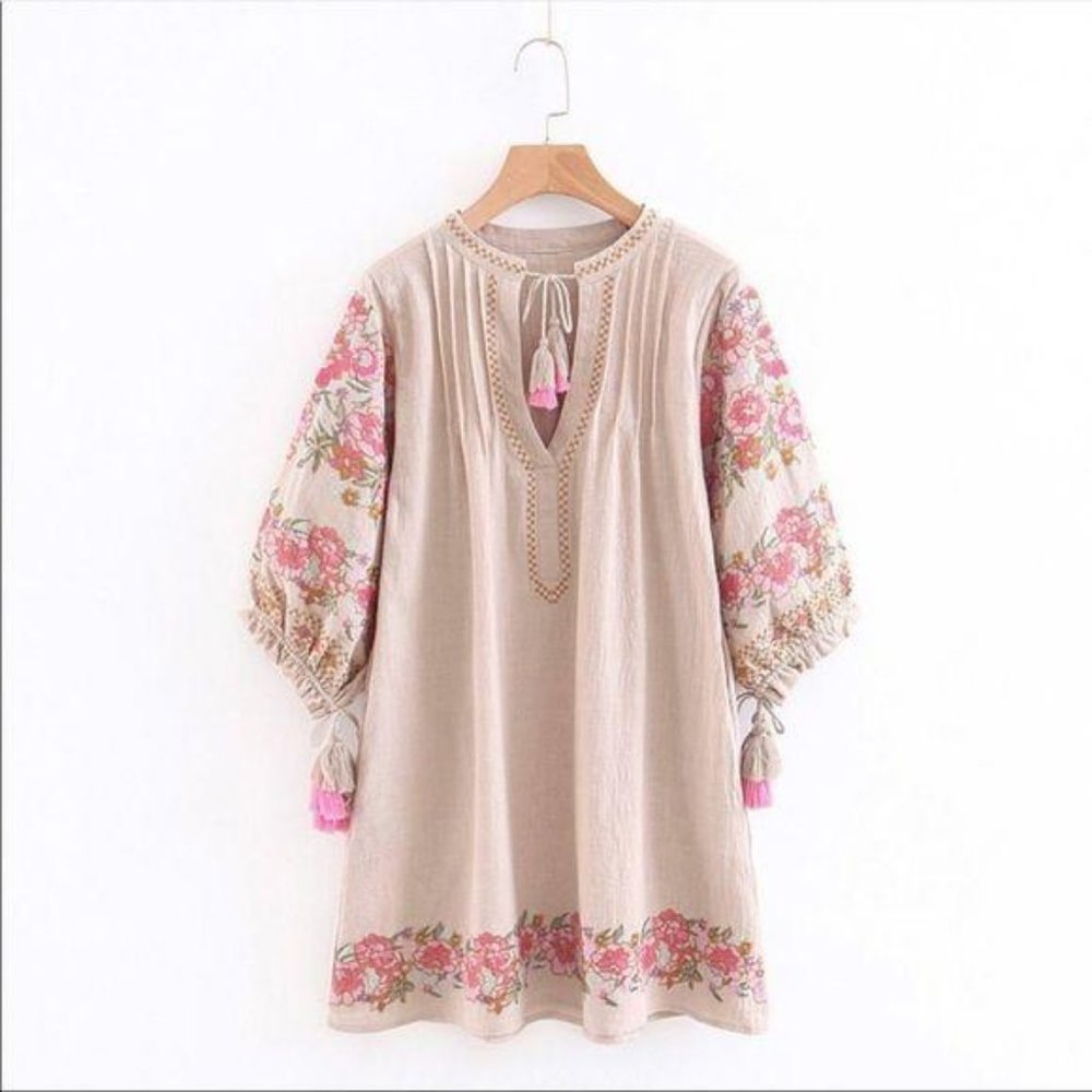 Embroidered Floral Puff Sleeve Boho Dress Cream - Picture 3 of 7